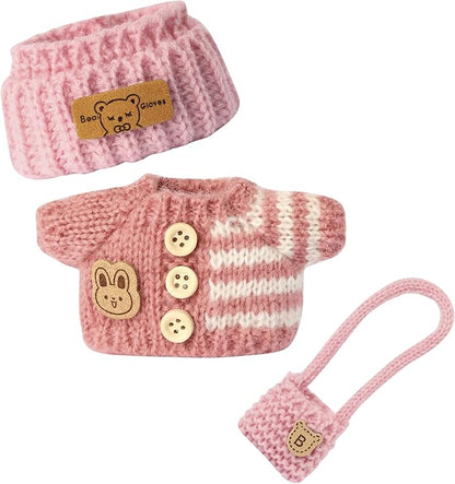 17cm Doll Clothing for Labubu - Kawaii Chic Style Set for 17cm Dolls, Cute Doll Outfit with Accessories -Button Up Stripe Pink Sweater + Pink Hat + Pink Bag (Clothes Only)