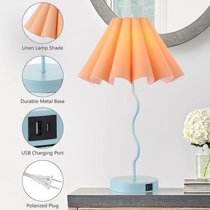 Table Lamps for Living Room - Blue and Orange Modern Dimmable Lamps with USB Port and Outlet