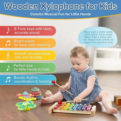 7‑in‑1 Montessori Baby Toys for 6‑12 Months & 1+ Years, Infant Sensory Teething & Stacking Blocks | Wooden Shape Sorter, Xylophone Musical Toy, Birthday Gift for Toddlers 1‑3