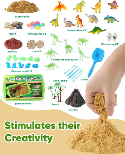Dinosaur Sensory Bin Toy for Toddlers and Play Sand Set for Kids Include Glow in The Dark Dinosaur Ages 3-6+