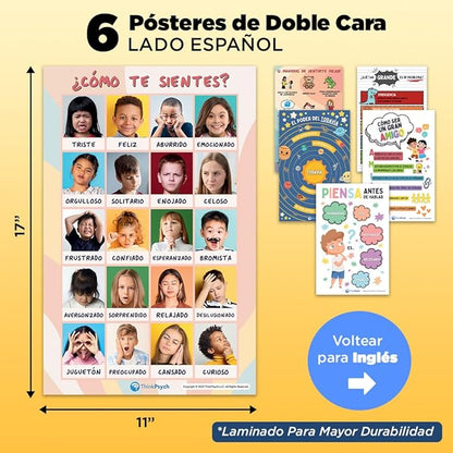 6 Laminated Feelings Posters for Kids - English & Spanish - Calm Down Corner Supplies - Therapy & School Counselor Supplies - Emotions Posters for Home and Calming Corner Classroom