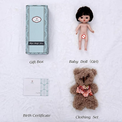 Reborn Baby Doll 10 Inch – Lifelike Full Vinyl Girl in Cozy Brown Bear Outfit – Comfort Collectible Doll Gift for Girls