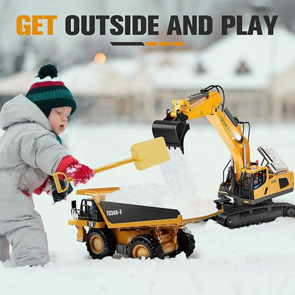 Remote Control Excavator Construction Toys for Boys, 2×1200mAh RC Construction Truck with Metal Shovel & Light, 11CH Excavator Toys for Boys 3-5 4-7 8-12 Year Old Kids Christmas Birthday Gift,120+Mins