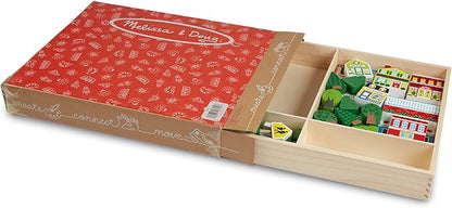 Melissa & Doug Wooden Town Play Set with Storage Tray (32 pcs) Pretend Play Wooden Town Set for Kids with Storage