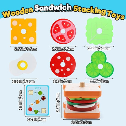 kizh Wooden Sandwich Sorting Stacking Toys Play Food Set for Toddlers Preschool Educational Montessori Toys Fine Motor Toy for Kids Boys Girls