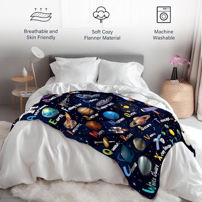 Space Alphabet Blanket, Space Themed Bedroom Decor, 50" X 60" Galaxy Blanket, Gifts for Kids, Planet Astronaut Gift for Boys Kids Birthday Christmas