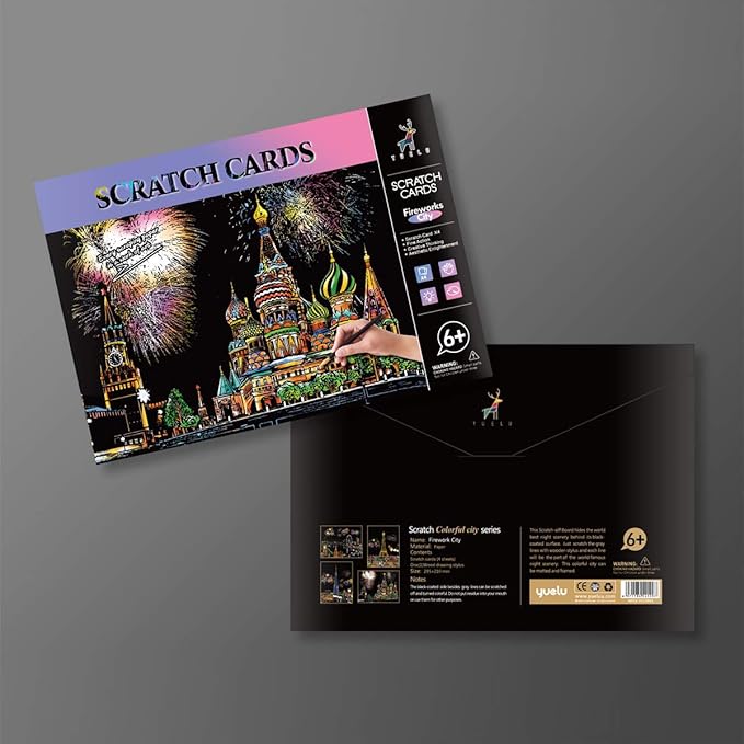 Scratch Art for Kids & Adults, Rainbow Engraving Painting Landscape Scratchboard(A4) Crafts Set: 8 Sheets 4 tools - Fireworks, Big Ben, Tower Bridge, Cristo Redentor, Ferris Wheel(Landmark Building)