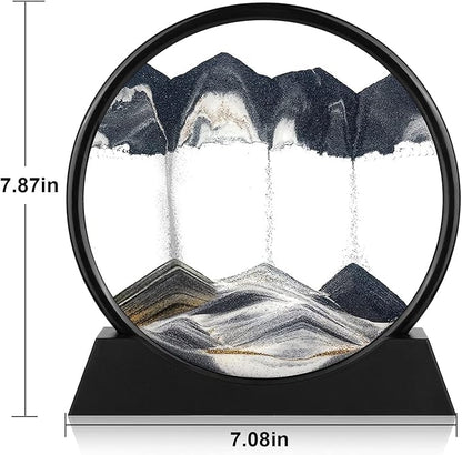 Moving Sand Art Picture - 3D Quicksand Painting Decor - Round Glass 3D Deep Sea Sandscape - Relaxing Home Decoration Desk Toys for Home Office Desk Mantle Bookshelf- (Black, 7 in)