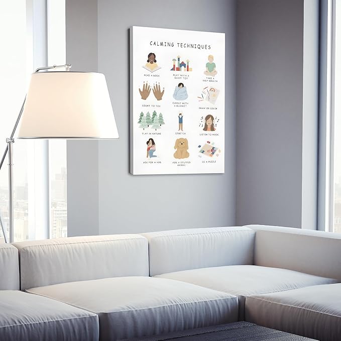 Feelings Calming Techniques Canvas Wall Art Calming Corner Classroom Mental health Posters Boho Emotions Chart for Kids Prints Special Education Wall Decor for Office School 12x16in Framed