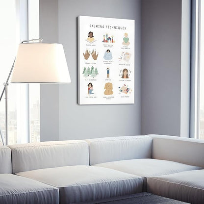 Feelings Calming Techniques Canvas Wall Art Calming Corner Classroom Mental health Posters Boho Emotions Chart for Kids Prints Special Education Wall Decor for Office School 12x16in Framed