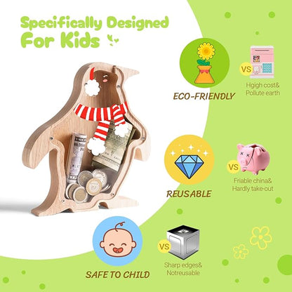 Wooden Christmas Piggy Bank for Kids, Adorable Penguin Piggy Bank with Acrylic Panels, Unbreakable Toddler Money Box for Boys Girls, Cute Saving Coin Jar for Birthday, Decor