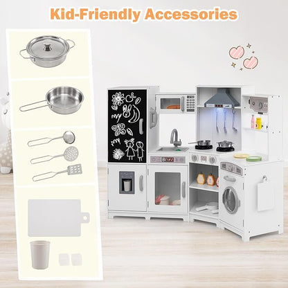 GLACER Corner Wooden Play Kitchen for Kids, Large Pretend Play Kitchen Playset with Sound, Light, Chalkboard, Microwave, Ice Maker, Washing Machine, Accessories, Toy Kitchen Set for Ages 3+ (White)