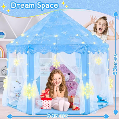 EVOIONOS Frozen Princess Tent for Girls, Play Tent with Large Snowflake Lights for Kids, Castle Playhouse for Children Indoor Outdoor Games, 55 x 53 inches, Blue