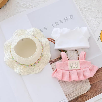 Clothes for Dolls Accessories (No Doll), Kawaii Shirt Skirt Outfit Set 3 Pieces for 15cm 17cm Doll Suit, Stylish Dolls Hat Shirt Clothing Set Replacement Pink