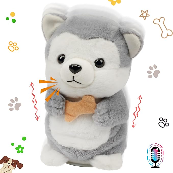 Hopearl Talking Husky Repeats What You Say Dog Nodding Electric Interactive Animated Puppy with Bone Toy Speaking Plush Buddy Gifts for Toddlers, Gray, 6.5''