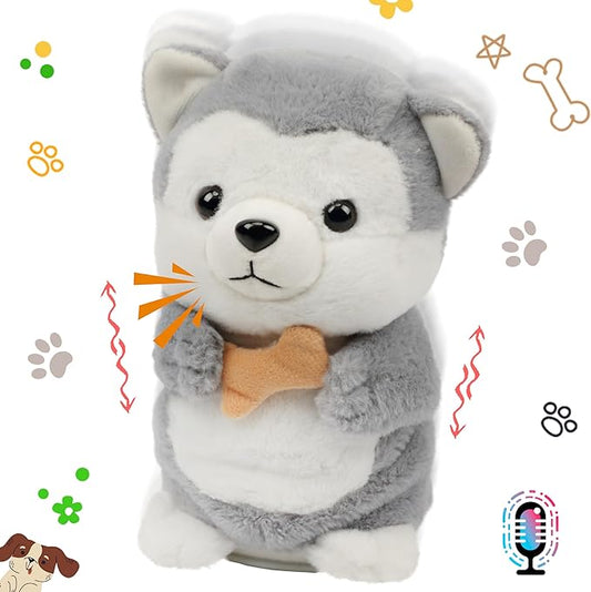 Hopearl Talking Husky Repeats What You Say Dog Nodding Electric Interactive Animated Puppy with Bone Toy Speaking Plush Buddy Gifts for Toddlers, Gray, 6.5''