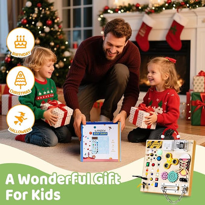 Montessori Wooden Busy Board Toys for 1 2 3 Years Old Boys Girls,Toddler Sensory Educational Fidget Board Travel Toy with LED Light Up Switches & Music Boxes, Locks for 1 to 6 Year Kids Gifts