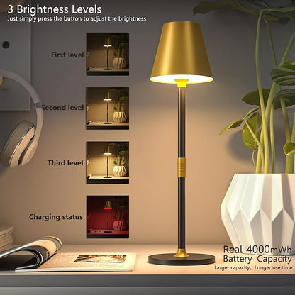 Modern LED CordlessTable Lamp,4000mAh Rechargeable Battery Desk lamp,3 Level Brightness Night Light,Minimalist Design, for Couple Dinner/Coffee Table/Restaurant/Bedroom(Gold&Black)