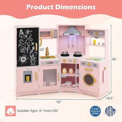 GLACER Corner Wooden Play Kitchen for Kids, Large Pretend Play Kitchen Playset with Sound, Light, Chalkboard, Microwave, Ice Maker, Washing Machine, Accessories, Toy Kitchen Set for Ages 3+ (Pink)