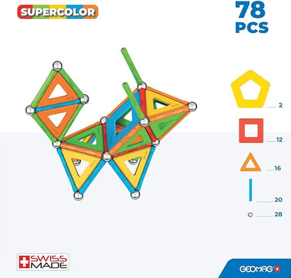 Geomag Supercolor Magnetic Toys for Kids Ages 5+, 78pc Educational STEM Magnets for Kids - Swiss-Made Magnetic Blocks, Tiles and Building Toys from 100% Recycled Plastic