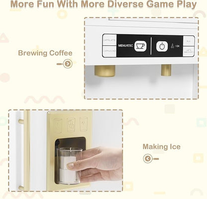 Kids Kitchen Playset, Wooden Play Kitchen with Toy Storage System, Pretend Play Kitchen Set Toy with Range Hood, Ice Maker & Coffee Maker, for Kids Ages 3+, White