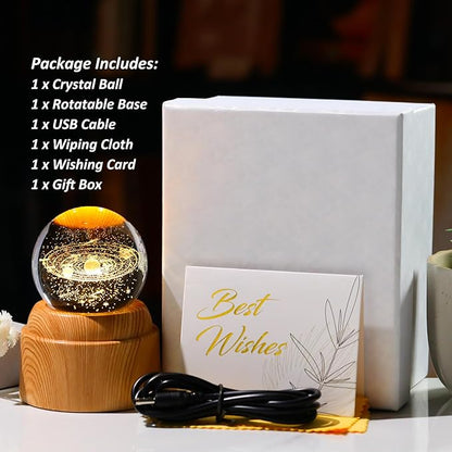 Ornalrist 3D Solar System 2.36“ Crystal Ball with Rotated Wood Bases, Space Decor Astronomy Gifts for Women Men Physics Enthusiasts Science Teacher Planet Lamp Universe Night Light