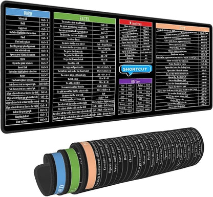 Excel Mouse Pad，Excel Cheat Sheet Desk Pad，Gaming Mouse Pad, Non-Slip Rubber Base Mousepad, Stitched Edges, 31.5x11.8 inch for Home Office