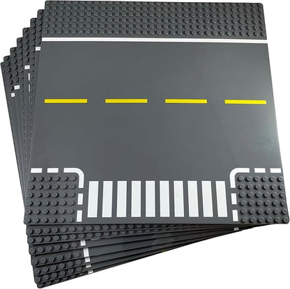 Apostrophe Games Road Baseplate – Premium Building Blocks Base Plates Compatible with All Major Brands – 8pcs Baseplate Gray with Road Design – Straight, Curve, Crossroad, T-Junction Gray Base Plates