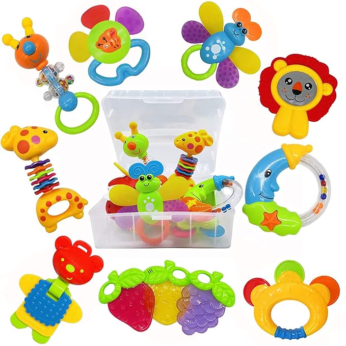 AIVIAI Baby Toys 0-6 Months Infant Toys 0-3 Months Infant Rattles Baby Rattle Teether Toy Set with Storage Box Musical rattles for Newborn Boy Girl Gifts Set with Baby's First Rattle Teether (11pcs)