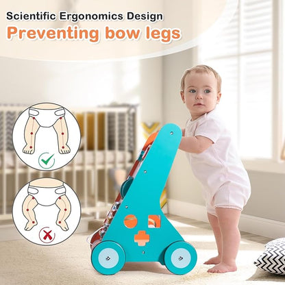 Wooden Baby Walker with Wheels, Walker for Baby Boys 6-12 Months Push Toy, Sit to Stand Activity Walker Learning to Walk