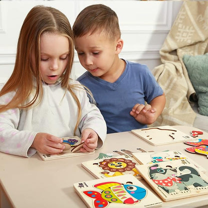 QUOKKA Wooden Puzzles for Toddlers 3-4 - 6XSET Toddler Puzzles Ages 3-4 - Wood Learning Montessori Toys 3-5 Year Old - Preschool Animal Travel Game Gift for Boys & Girls