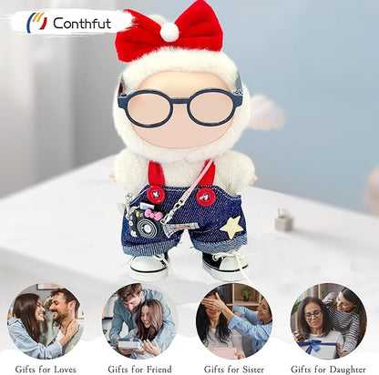 Overalls Doll Clothes,17cm/15cm Dolls Outfit Set,Stylish Clothes Set Dress Up (No Doll) (Blue Overalls Suit+Bow)