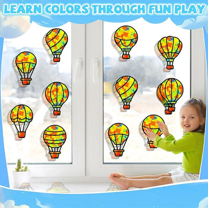 QOUBAI 32 Sets Air Balloons Suncatchers Craft Kit DIY Window Stained Glass Effect Hot Air Balloons VBS Paper Craft Home School Classroom Decoration Kid Birthday Gift Creative Art Project Activity Game