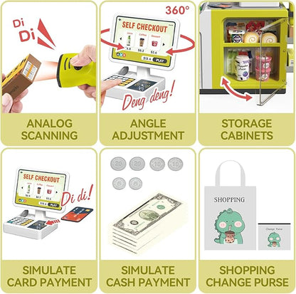 Cash Register Playset for Kids - 48PCS Pretend Play Money, Calculator, Scanner, Credit Card and Play Food for Boys and Girls Ages 3+ (668-124)