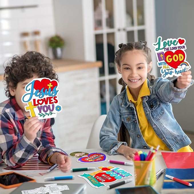 30 Sets Christian Crafts for Kids Religious Sunday School Craft Jesus Loves Me Color Your Own DIY Ornaments for Sunday Classroom Art Party Home Activities