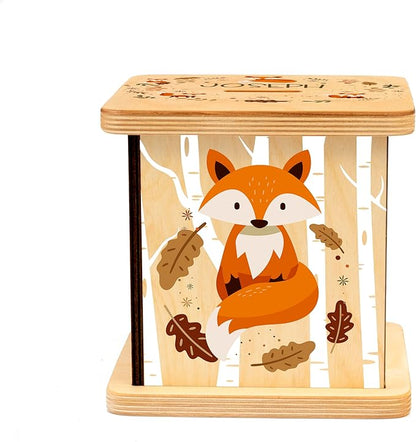 Wooden Piggy Bank for Kids and Adults, Personalized Gift Handmade in USA by BloomOwl, Custom Piggy Bank, Personalized Banks for Kids, Gifts for Baby Boys and Girls (Woodland Friends) (Woodland- Fox)