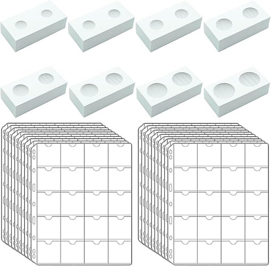 400 PCS Cardboard Coin Flips with 20 Sheets Coin Pocket Pages, 8 Assorted Sizes 2" x 2" Cardboard Coin Holders Coin Flips Coin Collection Supplies for Dime, Dollars, Penny, Quarter, Nickels Collecting