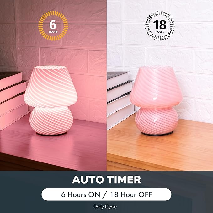 Battery Operated Mushroom Lamp-Cute Small Pink Aesthetic Table Lamp with Timer,Cordless Bedside Lamp for Girl Gifts,Glass Decorative Lamp for Bedroom/Entryway/Shelf/Desk Decor/Dorm/Office