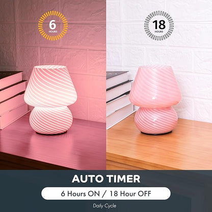 Battery Operated Mushroom Lamp-Cute Small Pink Aesthetic Table Lamp with Timer,Cordless Bedside Lamp for Girl Gifts,Glass Decorative Lamp for Bedroom/Entryway/Shelf/Desk Decor/Dorm/Office
