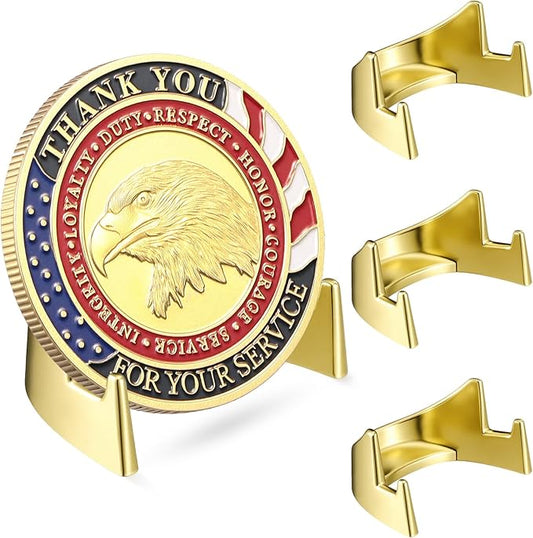 4 Pcs 1.69 Inch Metal Challenge Coin Display Stand Military Coin Holder Medallion Token Holder for Veterans Collectors Fits 2 Inches and up Coins Medals Pocket Watches(Gold)