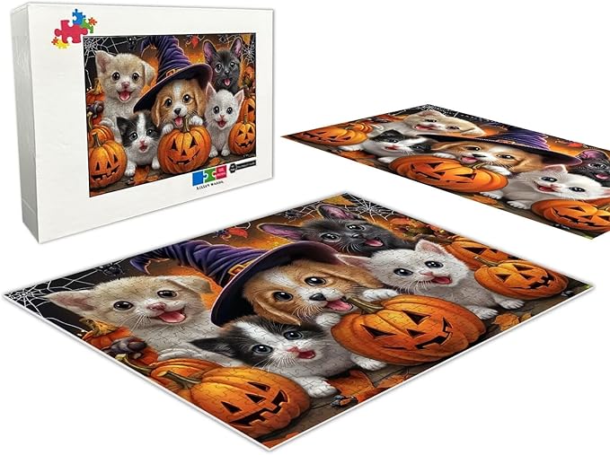 Adult Wooden Puzzles for Halloween Cats and Dogs, Chunky and Sturdy Puzzles - Exquisite Design -200 Pieces - Ideal for Relaxation and Entertainment