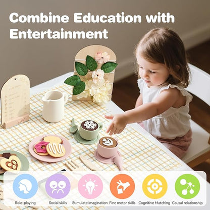 Youuys Wooden Tea Party Set for Toddlers Little Girls with Silicone Teapot Set & Felt Toys & Flower Arranging Toy and Portable Storage Basket, Pretend Play Toys for 3 4 5 6 Year Old Girl