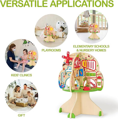 Monläurd® Montessori Wooden Tree Activity Center, Sensory Table & Busy Board for Toddlers 1-3, 4-Season Learning Activity Cube for Playroom & Daycare