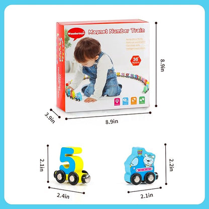 Wondertoys 27 PCS Wooden Magnetic Number Train Set Toy Compatible with Major Brands Train Set Tracks
