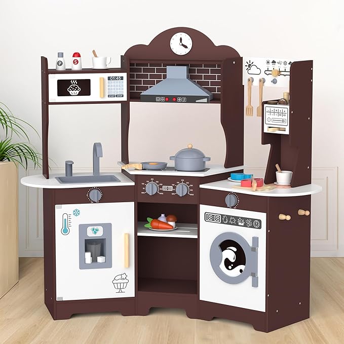 ANPABO Play Kitchen for Kids, Wooden Kids Kitchen Playset for Toddlers with Lights & Sounds, Pretend Play Toys with Coffee & Ice Maker, 30Pcs Toy Kitchen Accessories Gift for Boy&Girl (Espresso)