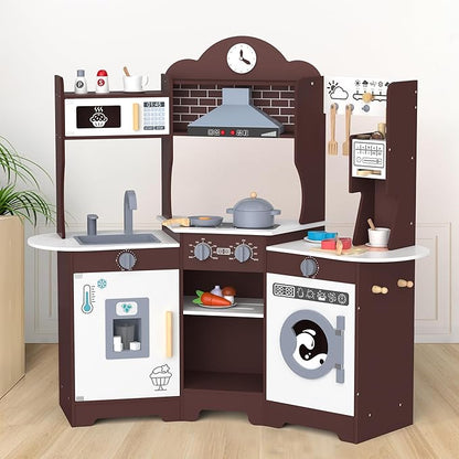 ANPABO Play Kitchen for Kids, Wooden Kids Kitchen Playset for Toddlers with Lights & Sounds, Pretend Play Toys with Coffee & Ice Maker, 30Pcs Toy Kitchen Accessories Gift for Boy&Girl (Espresso)