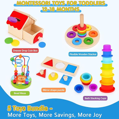 KMTJT Montessori Educational Toys for 1+ Year Old Toddler, 1st First Birthday Gifts for 1-2 Years, (Includes Stacking Cups, 2 in 1 Object Permanence Box, Bead Maze, Mirror Puzzle and More)…