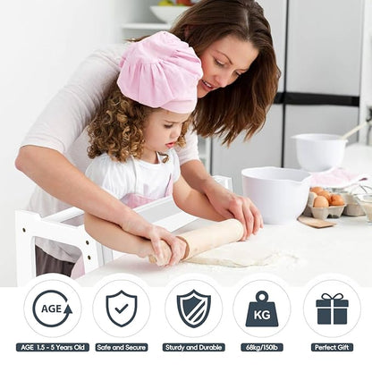 4 in 1 Kitchen Toddler Step Stool, Foldable Learning Toddler Standing Tower with Double-Sided Whiteboard, Wooden Kitchen Stool Helper for Kids 1.5 to 5 Years Old,Bathroom Sink Counter