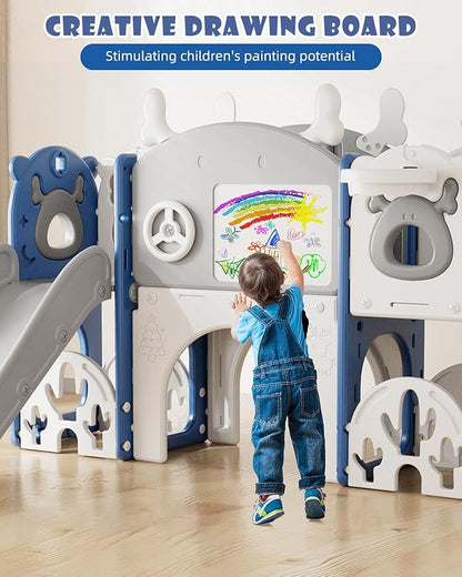 XJD 13 in 1 Toddler Slide Set, Kids Slide for Toddlers Age 1+, New Upgrade with Golf Set, Basketball Hoop, Drawing Board for Indoor Outdoor Playset,Toddler Playground (Blue Gley)