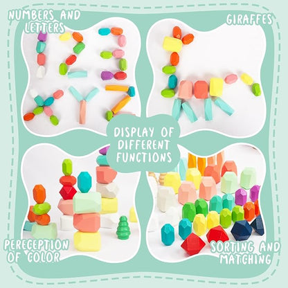 48 PCS Wooden Sorting Stacking Rocks Stones,Sensory Toddler Toys Learning Montessori STEM Toys, Building Blocks Game for Kids 3-6 Years Boy and Girl Birthday Gifts for Kids